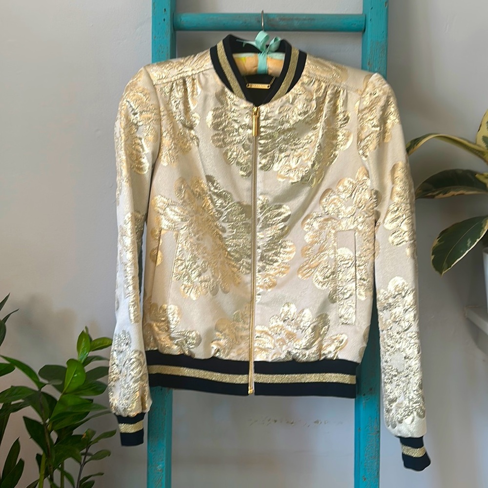 Trina Turk Gold Bomber Jacket, Size XS.